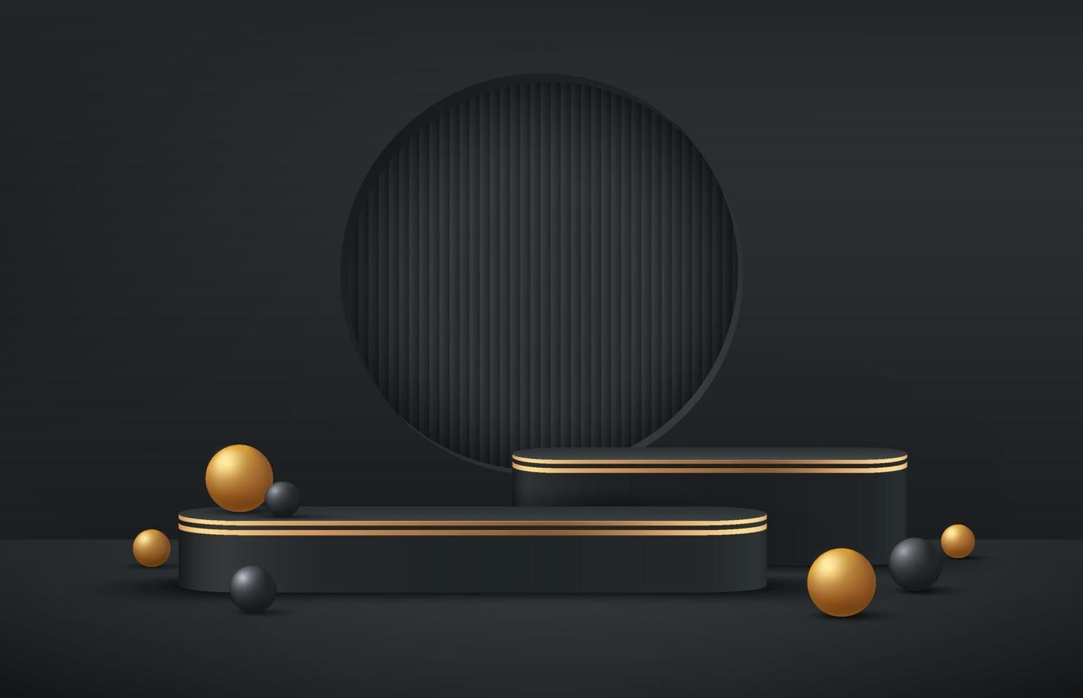 luxuriöses schwarzes und goldenes rundes Podium auf dunklem, leerem Raumhintergrund. schwarze, goldene Kugelkugel verzieren. abstrakte Vektor-Rendering 3D-Form für die Präsentation von Produkten. Studiozimmer mit minimaler Szene. vektor