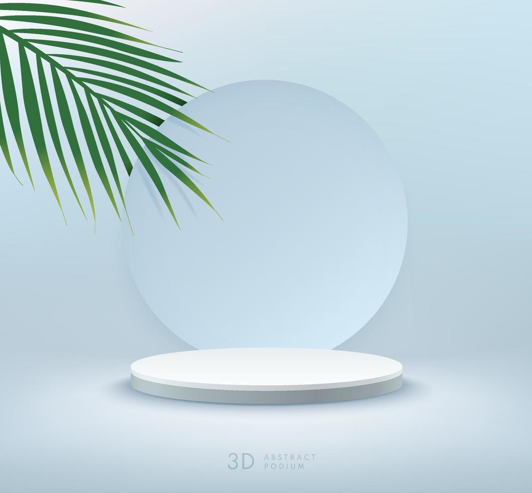 abstrakte Vektor-Rendering 3D-Form für die Präsentation von Produkten. modernes weißes zylindersockelpodest mit hellblauem leerem raum und grünem kokosblatthintergrund. Studiozimmer mit minimaler Szene. vektor