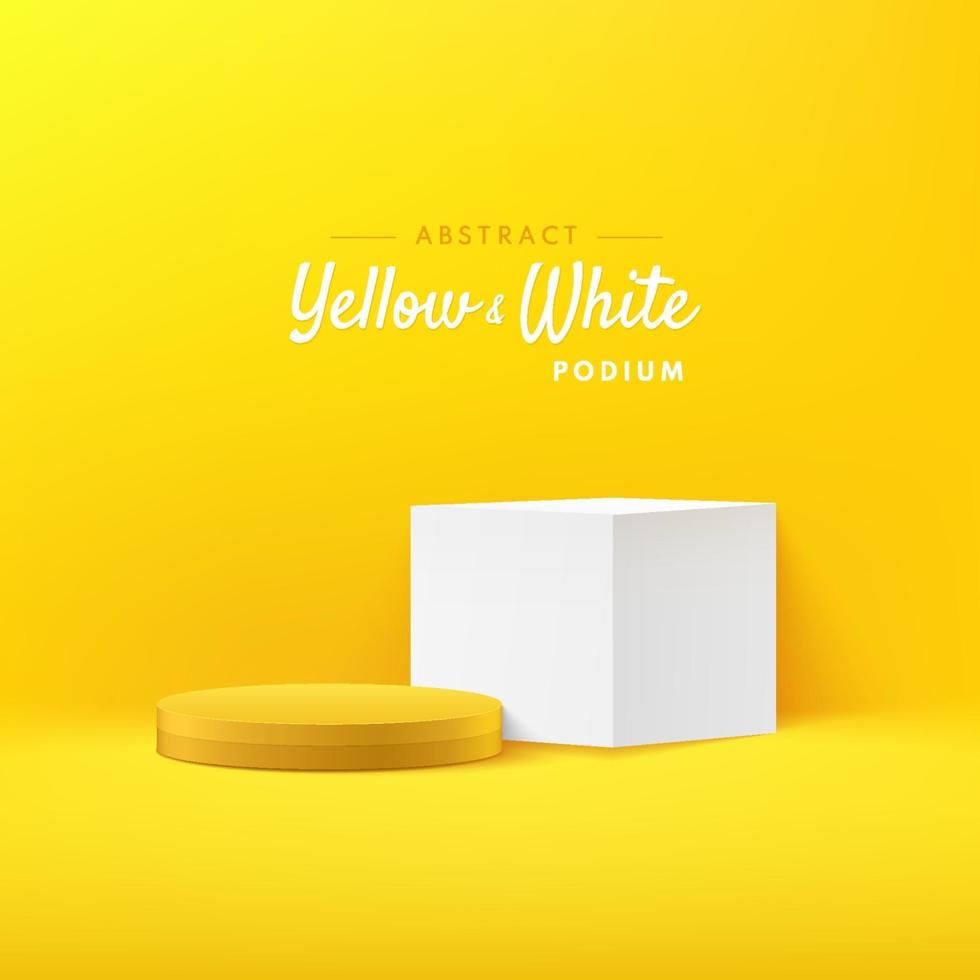 abstrakt vektor rendering 3d form för kosmetiska produkter display presentation. modern vit och gul geometrisk piedestal med ljus gul tomt rum bakgrund. minimal scenstudiorum.