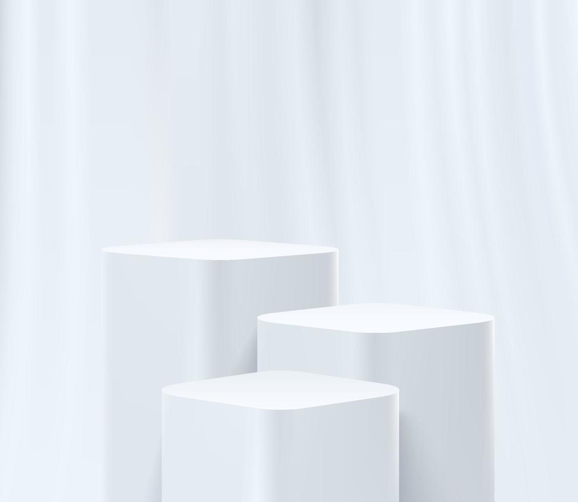 modern vit rund hörnkubpiedestal, vit gardin och tomt rum. abstrakt vektor rendering form 3d, kosmetiska produkter visar presentation. minimal scenstudiorum.