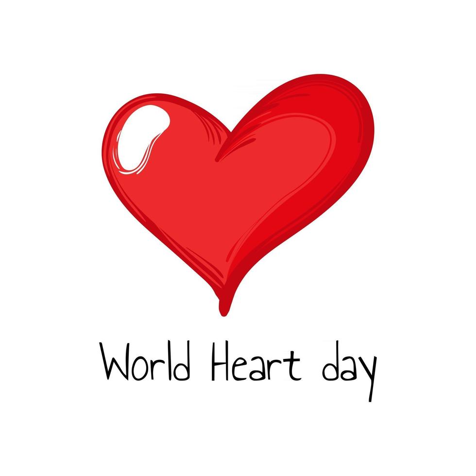världshjärtedag gratulationskort eller banner. handritad rött hjärta på isolerad vit bakgrund vektor