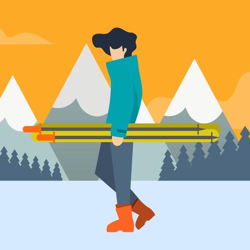 Flat Skier Ta med sin Ski Equipment Vector Illustration