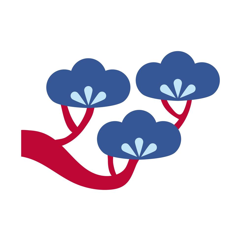 trädgren med blommor blå färg platt stilikon vektor