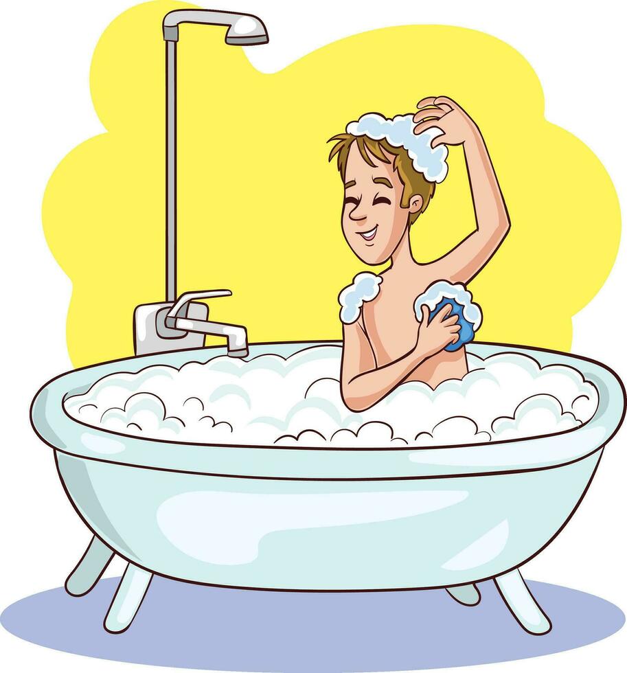 leende man karaktär tar bad i bubbla badkar, avkopplande färgrik karaktär vektor illustration