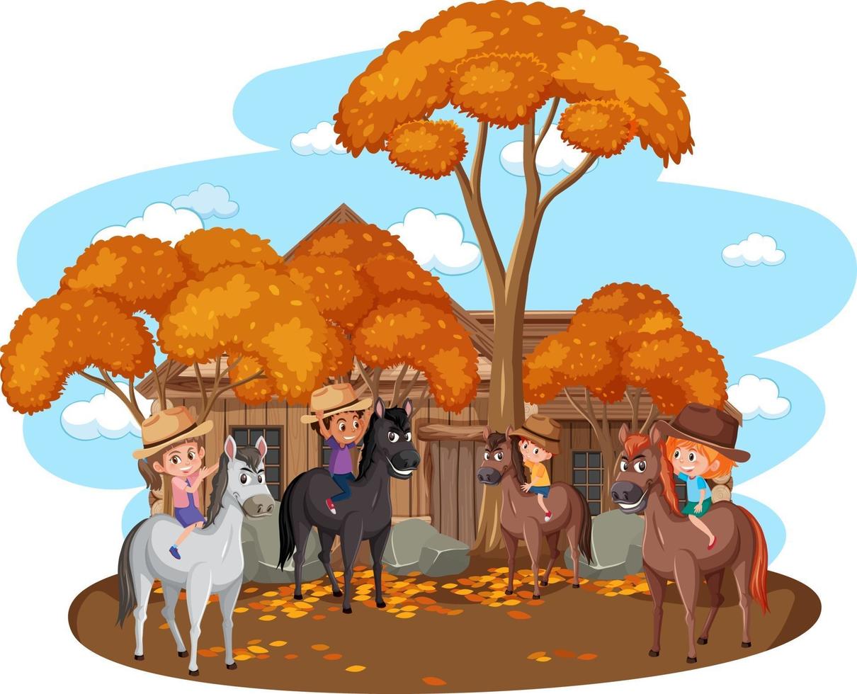 viele Kinder reiten Pferde mit Herbstbäumen auf weißem Hintergrund vektor