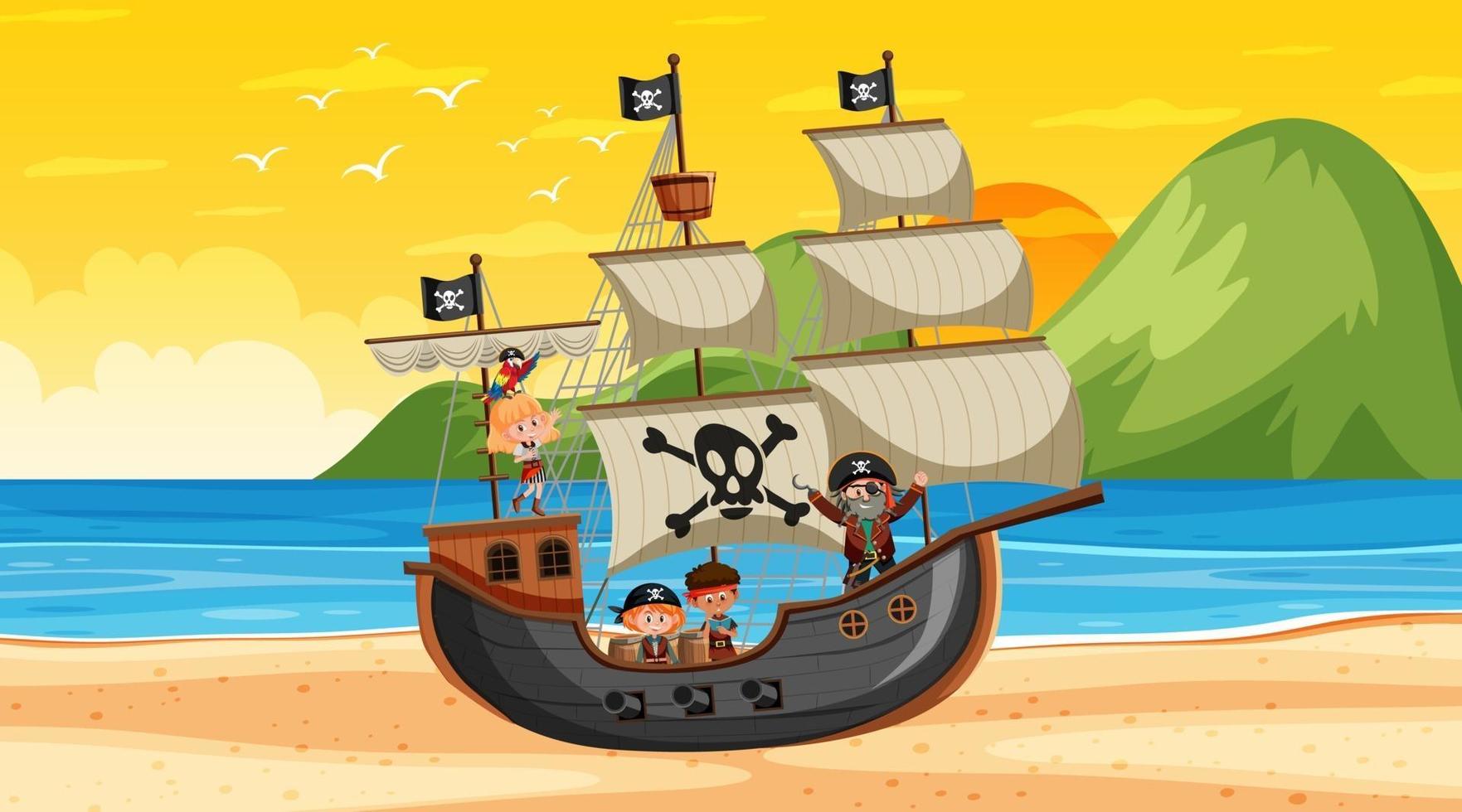 Strand mit Piratenschiff bei Sonnenuntergang im Cartoon-Stil vektor