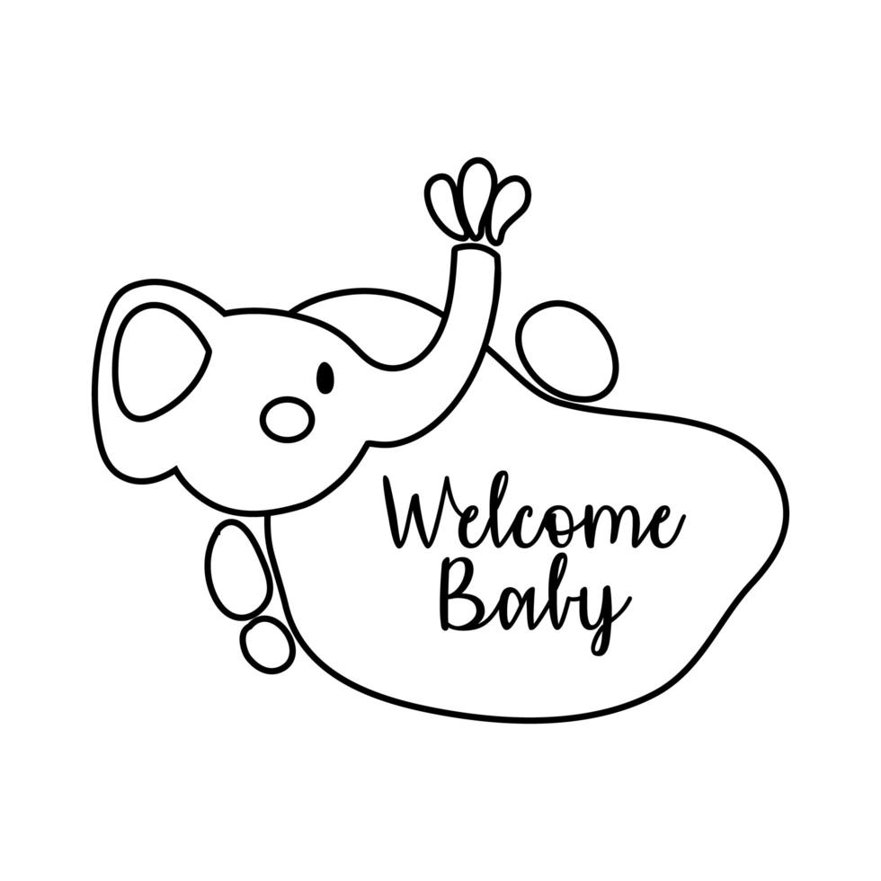 Babyparty-Rahmenkarte mit Elefant und Willkommensbaby-Schriftzug-Linienstil vektor