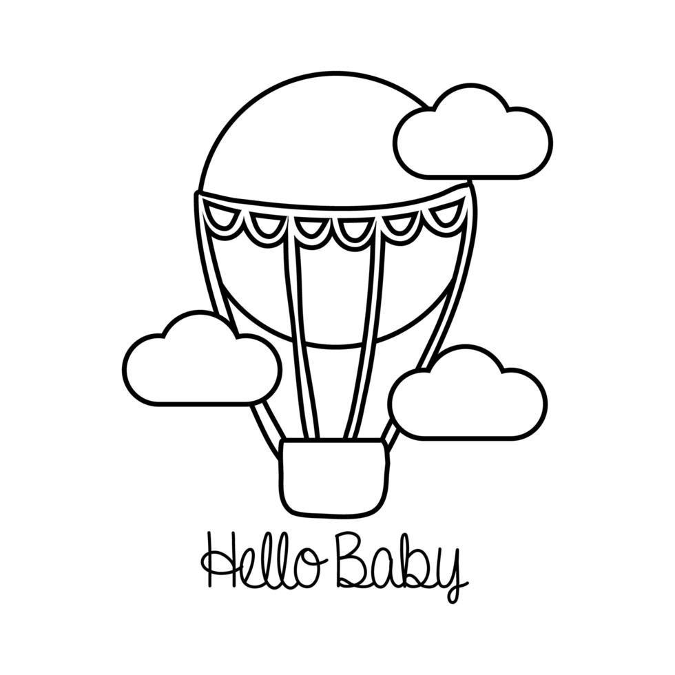 baby shower ramkort med ballongluft varm och hej baby linje stil vektor