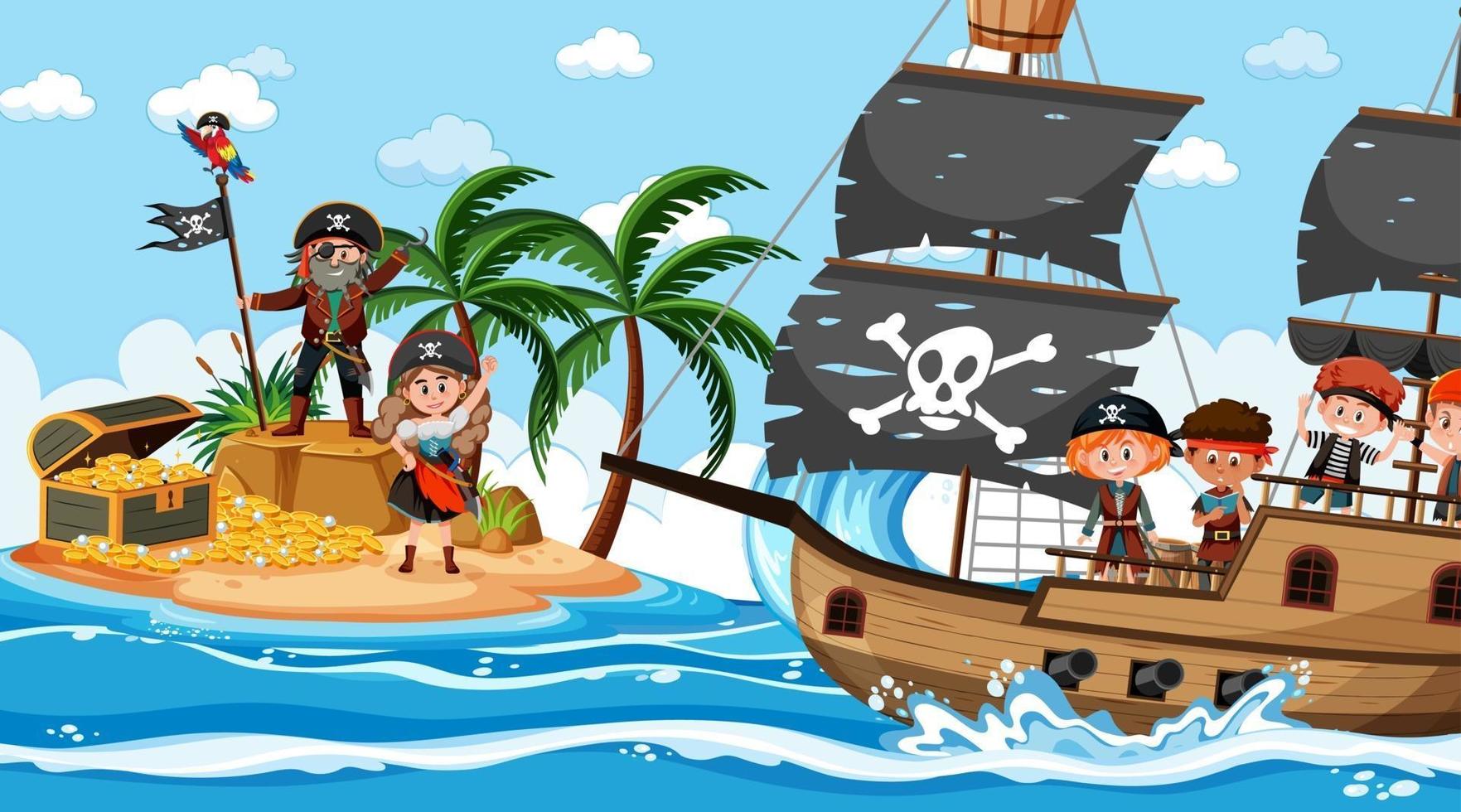 Schatzinselszene tagsüber mit Piratenkindern auf dem Schiff vektor