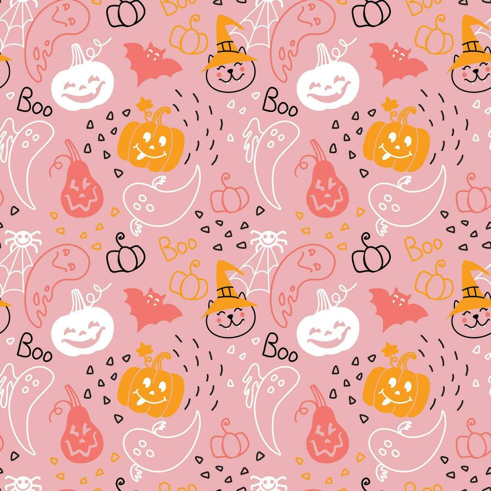 halloween illustration på rosa bakgrund. söt sömlös mönster för barn tyg, omslag, textil, tapet, kläder. vektor. vektor