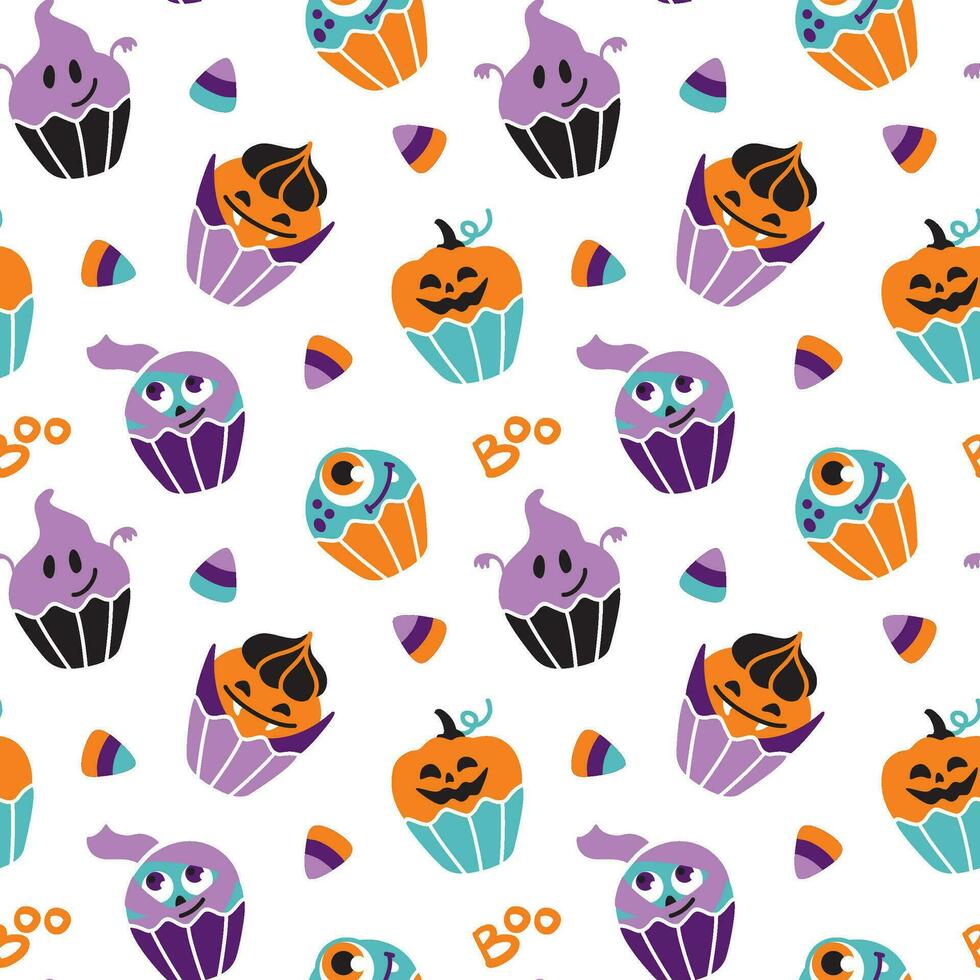 halloween cupcakes. söt sötsaker för halloween barn fest. sömlös mönster. vektor