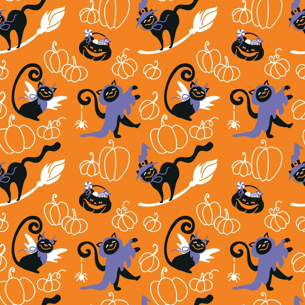 söt katt klädd i en häxa och spöke kostym. halloween fest. barn illustration textur för tyg, omslag, textil, tapet, kläder. sömlös mönster. vektor. vektor