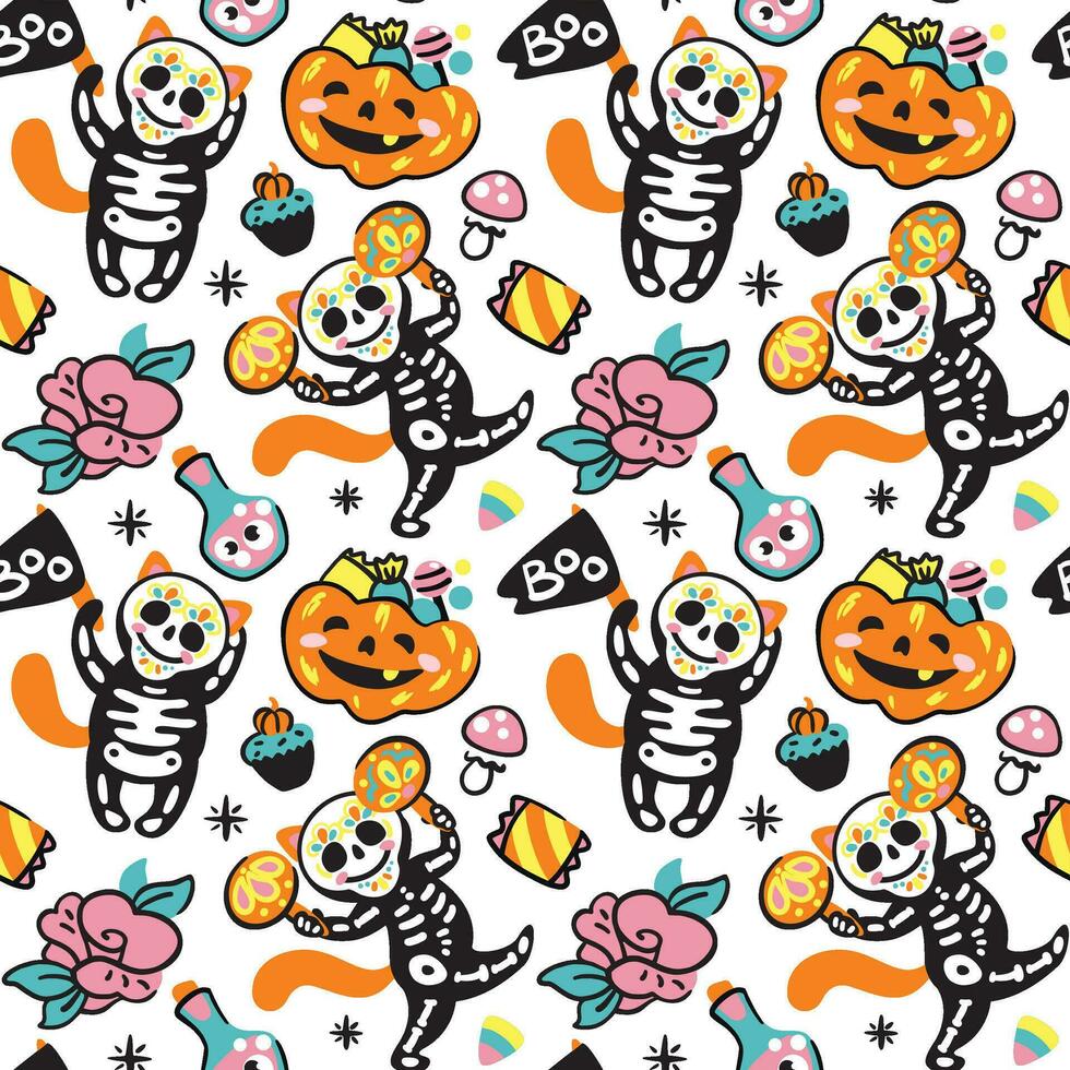 rolig katt i kostym skelett på halloween. söt unge skriva ut. sömmar mönster. vektor