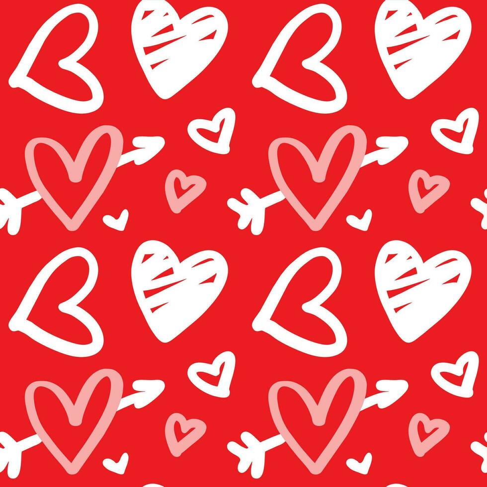 hand teckning hjärtan på klotter stil på röd bakgrund. san valentines dag. sömlös mönster vektor