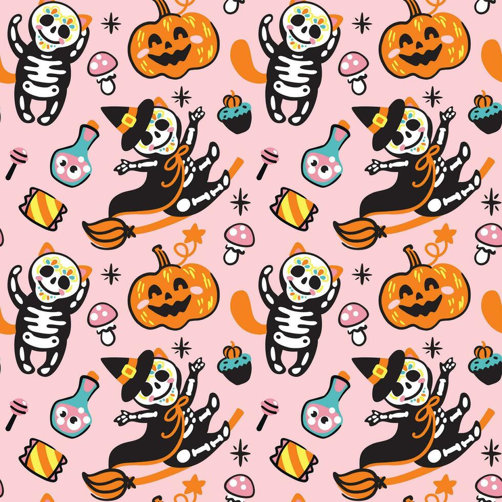 rolig katt i halloween skelett kostym. barns teckning för halloween på en rosa bakgrund. vektor