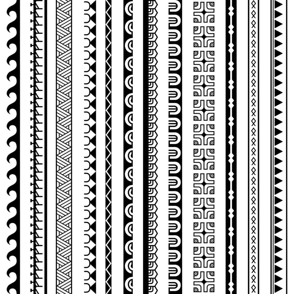 einstellen von Vektor ethnisch nahtlos Muster. Ornament Armband im Maori tätowieren Stil. geometrisch Rand afrikanisch Stil. Vertikale Muster. Design zum Zuhause Dekor, Verpackung Papier, Stoff, Teppich, Textil, Startseite