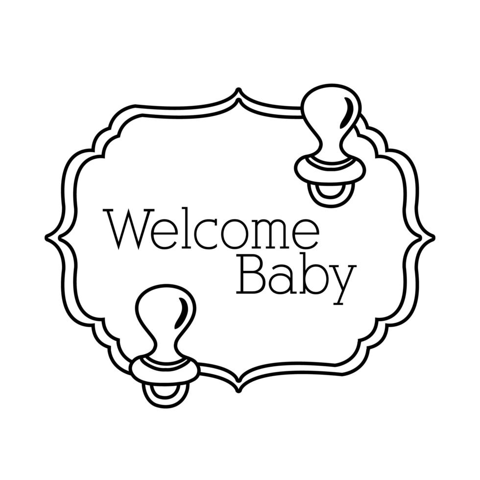 Babyparty-Rahmenkarte mit Schnullern und Willkommensbaby-Schriftzug-Linienstil vektor