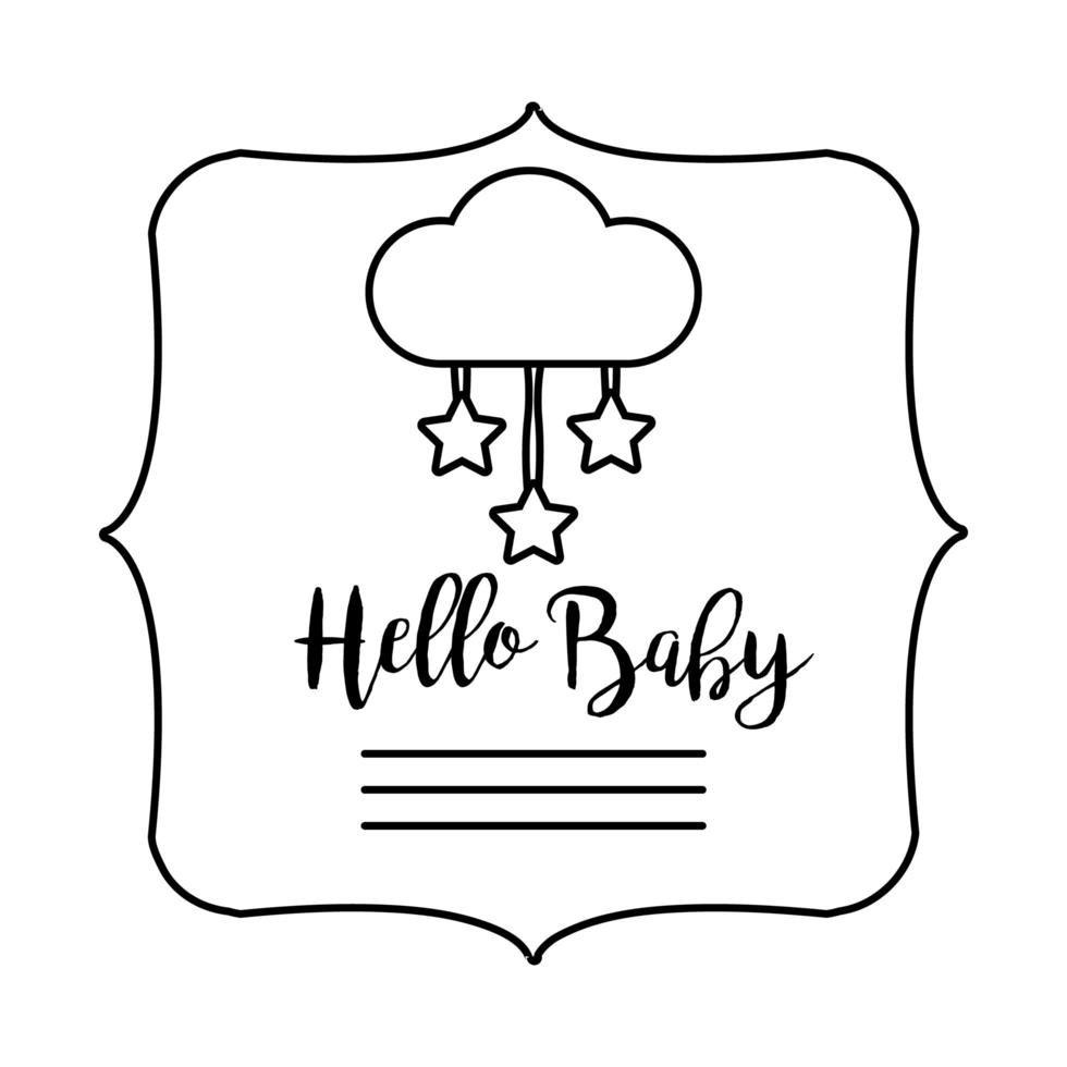 Babyparty-Rahmenkarte mit Wolken- und Hallo-Baby-Schriftzug-Linienstil vektor