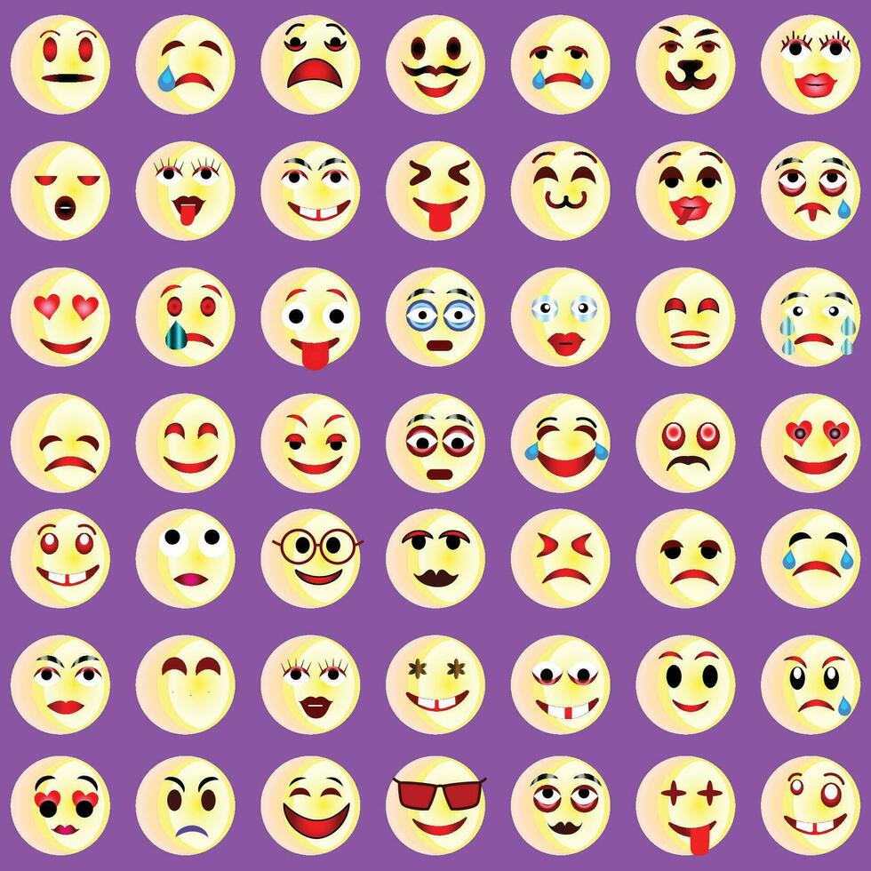 einstellen von Emoticons. einstellen von Emoji. Lächeln Symbole, komisch Karikatur Gelb Emoji und Emotionen Symbol Sammlung. Stimmung und Gesichts- Emotion Symbole. Weinen, lächeln, Lachen, froh, traurig, wütend und glücklich Gesichter, vektor