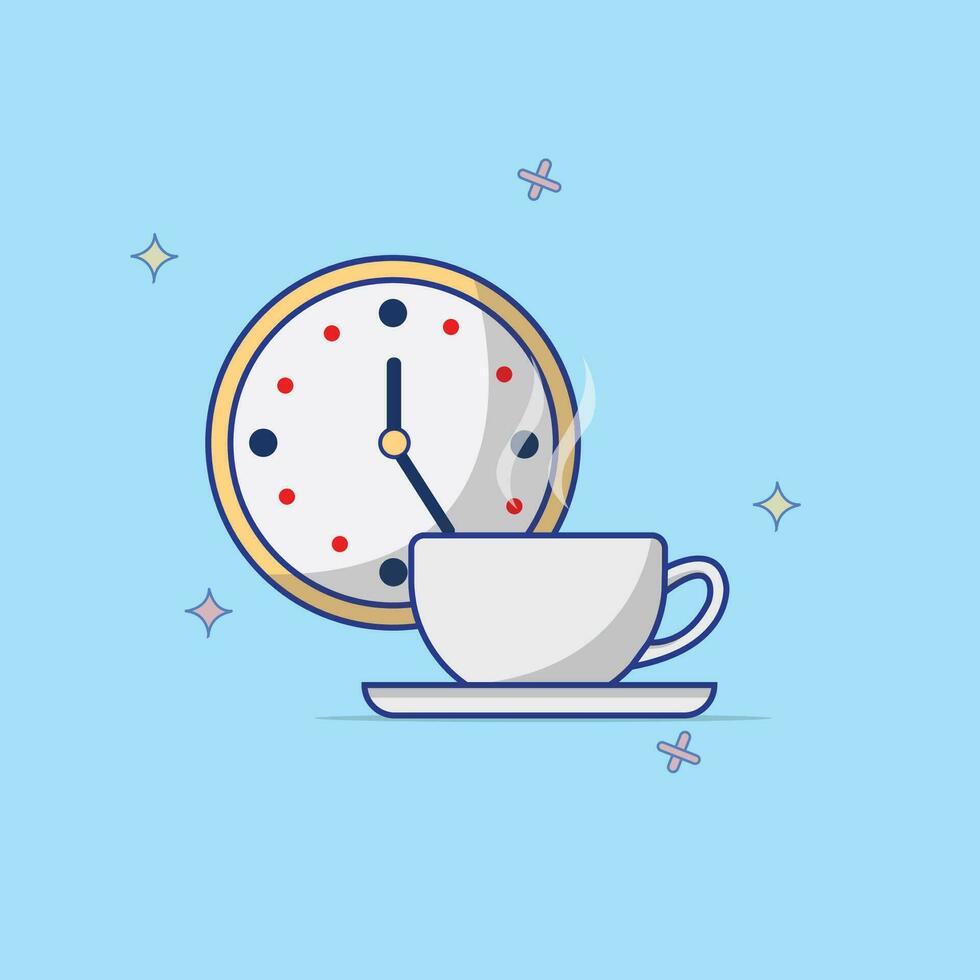 Tasse von Kaffee und Uhr Vektor Illustration kreativ Konzept. modern Leben Stil, Kaffee Zeit, Kaffee brechen Konzept. Morgen Erwachen Kaffee Zeit eben Stil Design