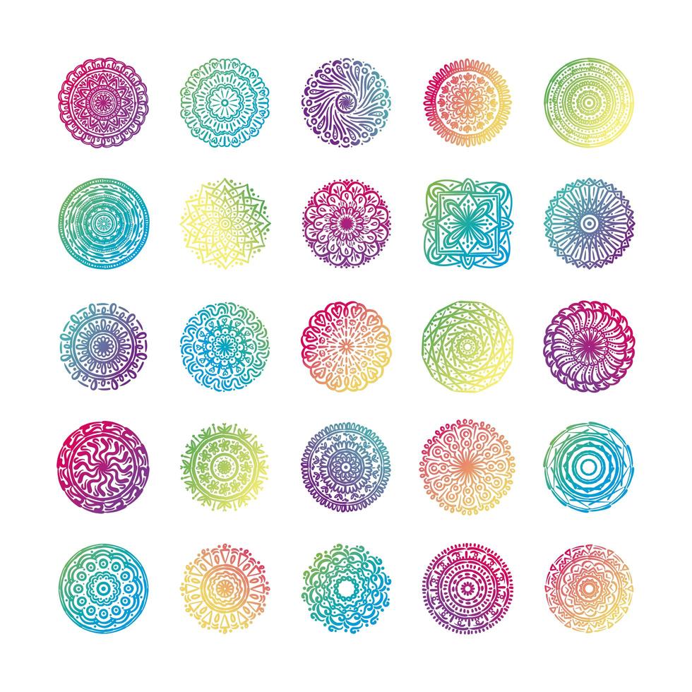 Bündel von fünfundzwanzig farbenfrohen Mandalas Set Icons vektor
