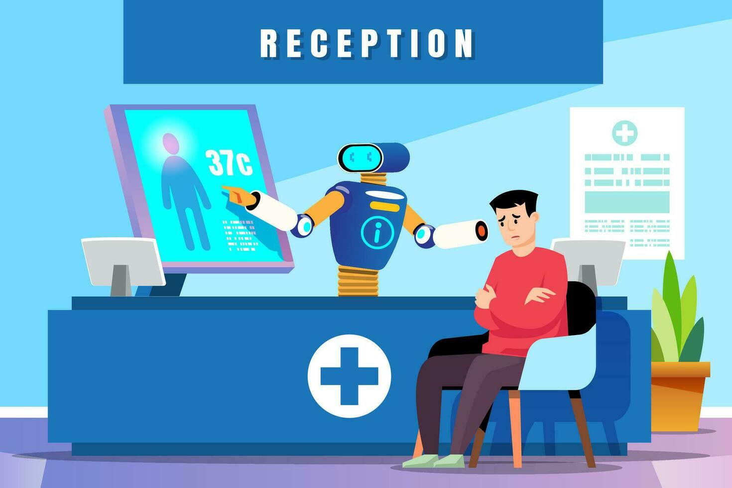 robot läkare talande till en patient i sjukhus kontor. receptionist på de reception skrivbord. robot läkare tidigt diagnos robot. vektor illustration