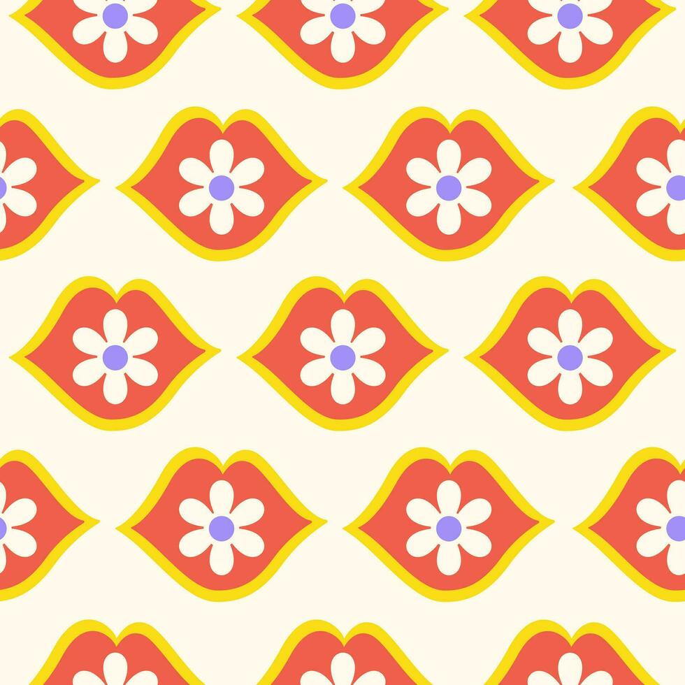 groovig Blumen- nahtlos Muster mit rot Lippen und Gänseblümchen Blumen . Hippie retro drucken zum Textil, Verpackung Papier, Netz Design und Sozial Medien im Stil 60er, 70er. Vektor Illustration