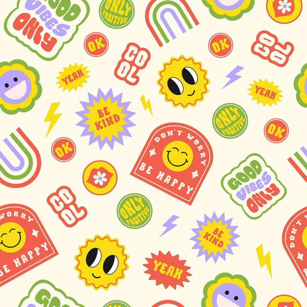 trendig färgrik tecknad serie klistermärken sömlös mönster med leende ansikte och text. samling av söt rolig ikoner, positiv slagord i stil 70, 80-tal. vektor illustration