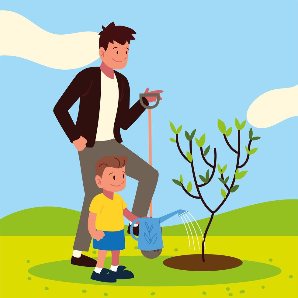 pappa och son vårdande träd vektor