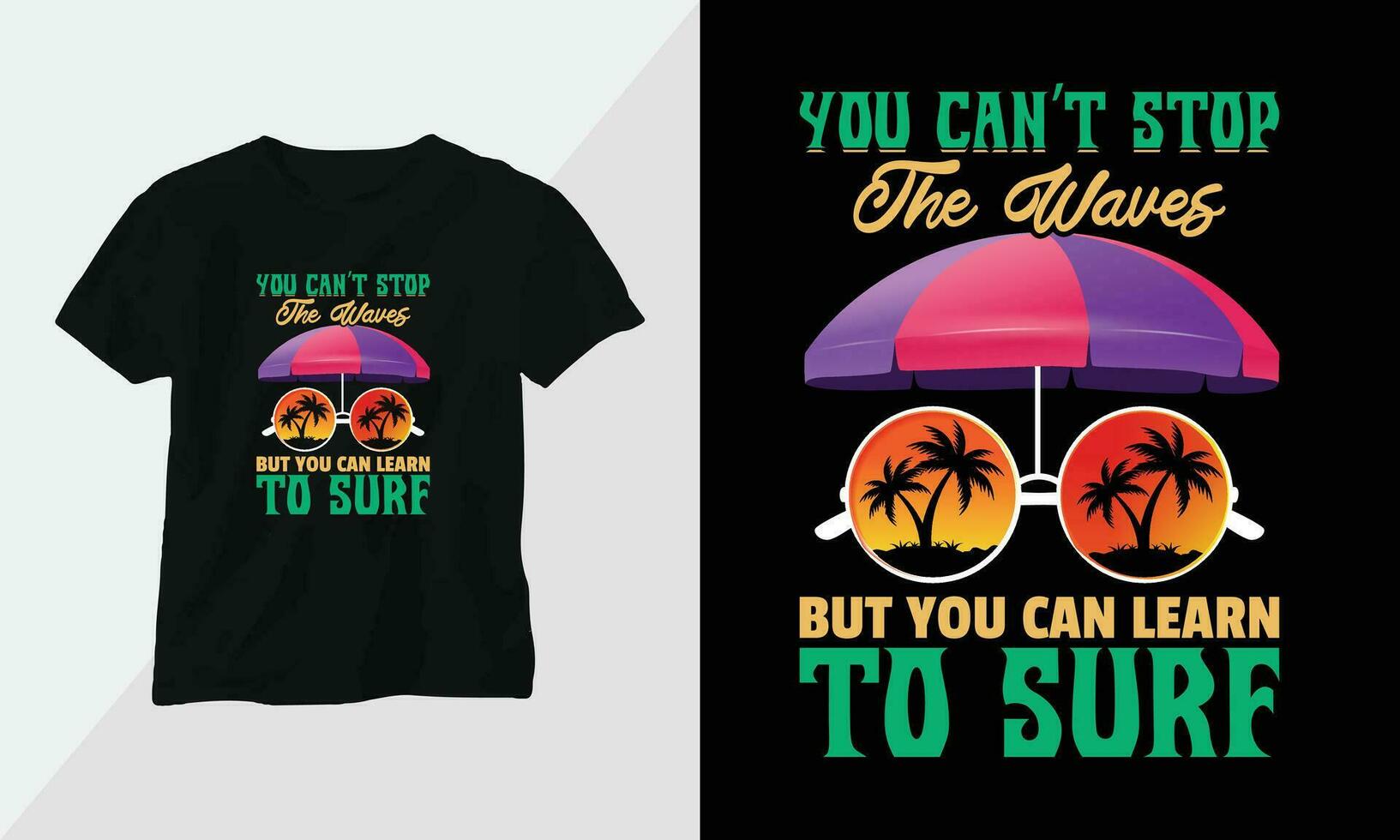 sommar surfing t-shirt design begrepp. Allt mönster är färgrik och skapas använder sig av surfbräda, strand, sommar, hav, etc vektor