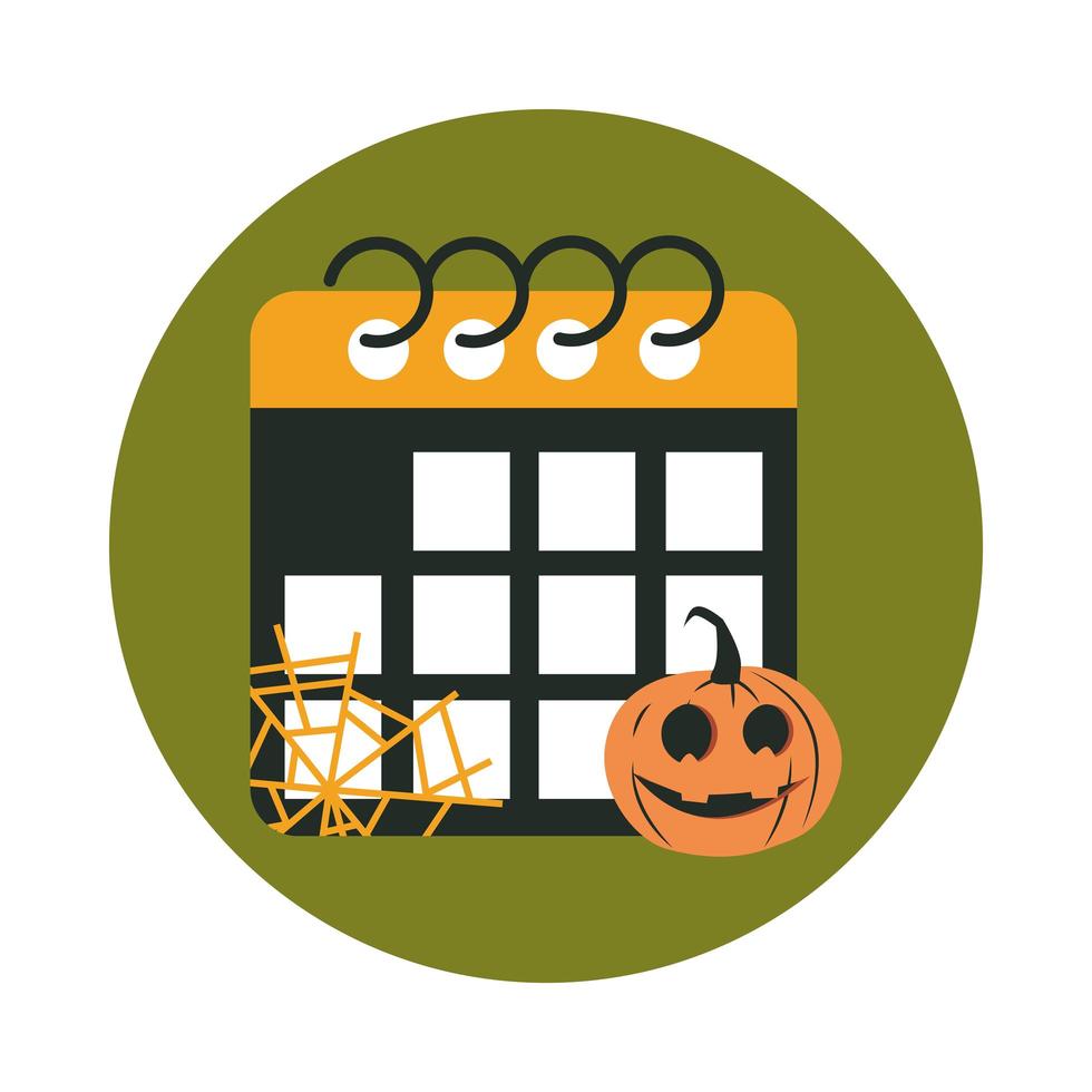 Happy Halloween Kalender Kürbis Spinnennetz Süßes oder Saures Party Feier flach und Blocksymbol vektor