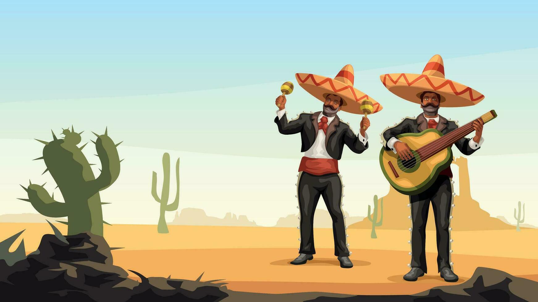zwei männlich Mexikaner Mariachi spielen Musik- draussen vektor