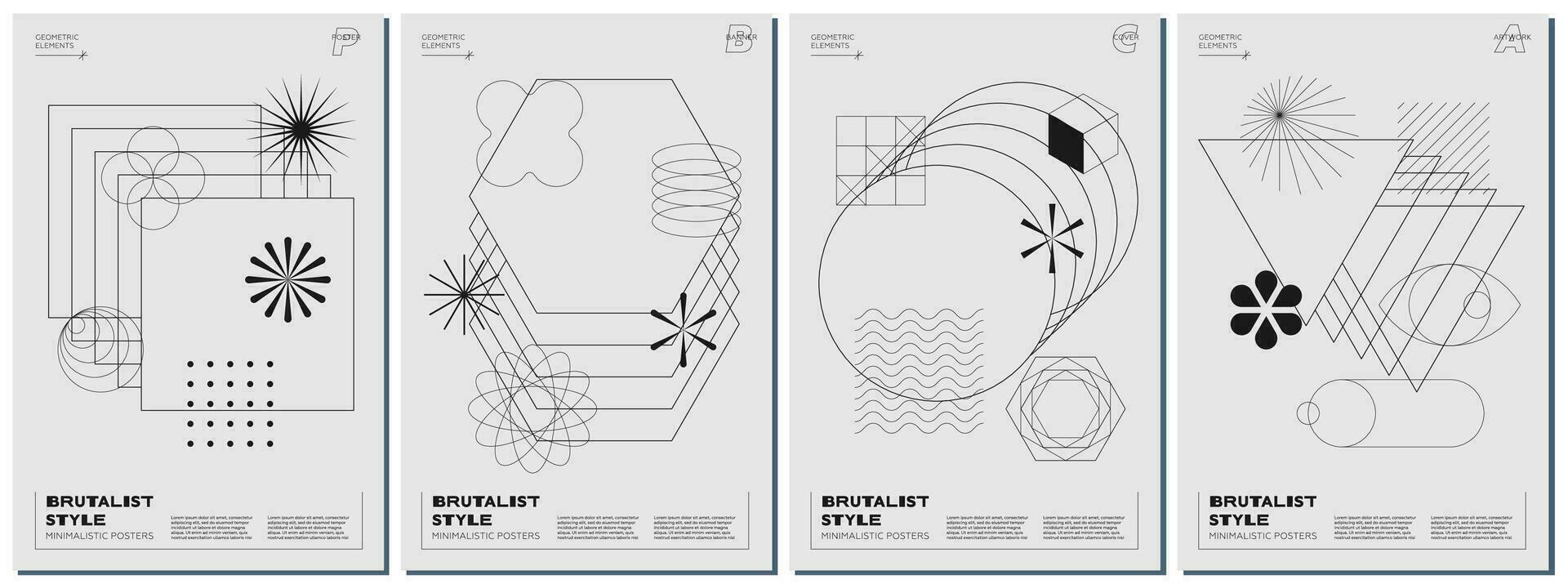 trendig abstrakt brutalism affisch uppsättning med svart geometrisk former på svartvit bakgrund. modern brutalist stil minimal grafik med enkel siffror och grafisk element. Brutal y2k vektor eps grafik