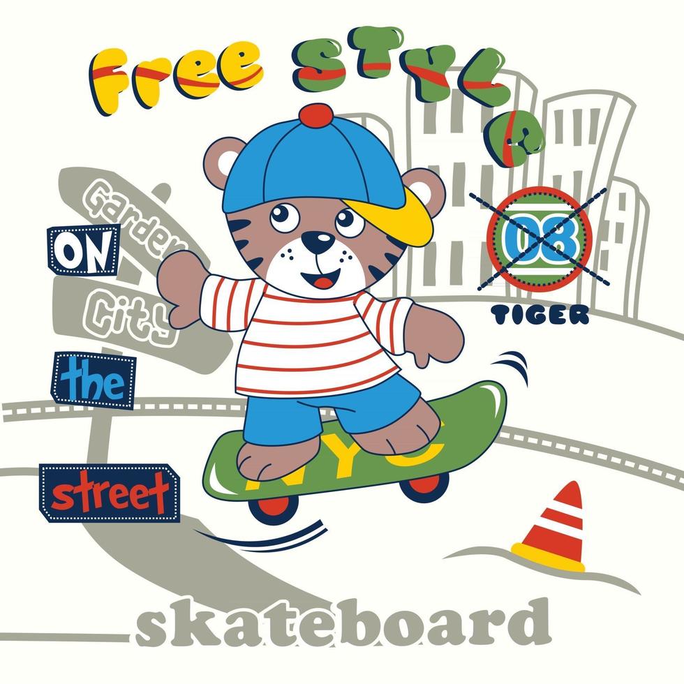 Tiger spielt Skateboard lustige Tierkarikatur vektor