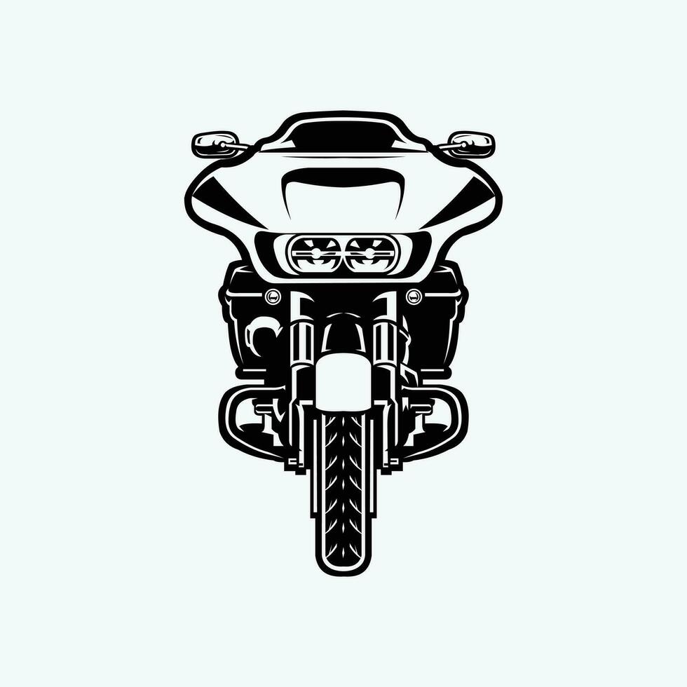 amerikanisch Kreuzer Motorrad Vektor Kunst, einfarbig, Silhouette, Vorderseite Sicht, isoliert im Weiß Hintergrund. Beste zum Motorrad Garage und Mechaniker verbunden Industrie