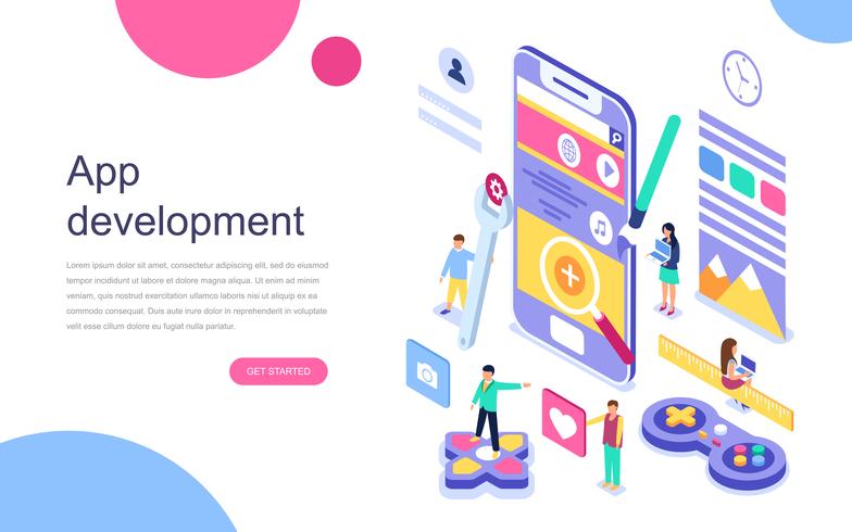 Modern plandesign isometrisk koncept för App Development för banner och hemsida. Målsida mall. Mobilprogram, användar- och utvecklargrupp. Vektor illustration.