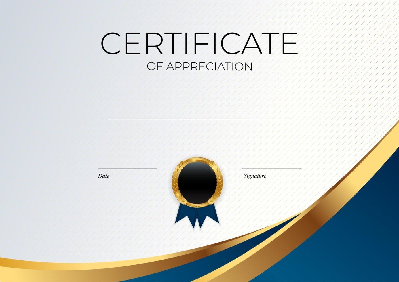 blått och guld certifikat för prestationsmall som bakgrund med guldmärke och kant. utmärkelsen diplom design tom. vektor illustration. eps10