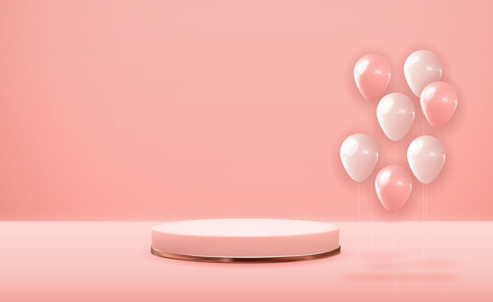 rosa guld piedestal över rosa pastellfärgad naturlig bakgrund med festballonger. trendig tom podiumdisplay för kosmetisk produktpresentation, modetidning. kopia utrymme vektorillustration eps10 vektor