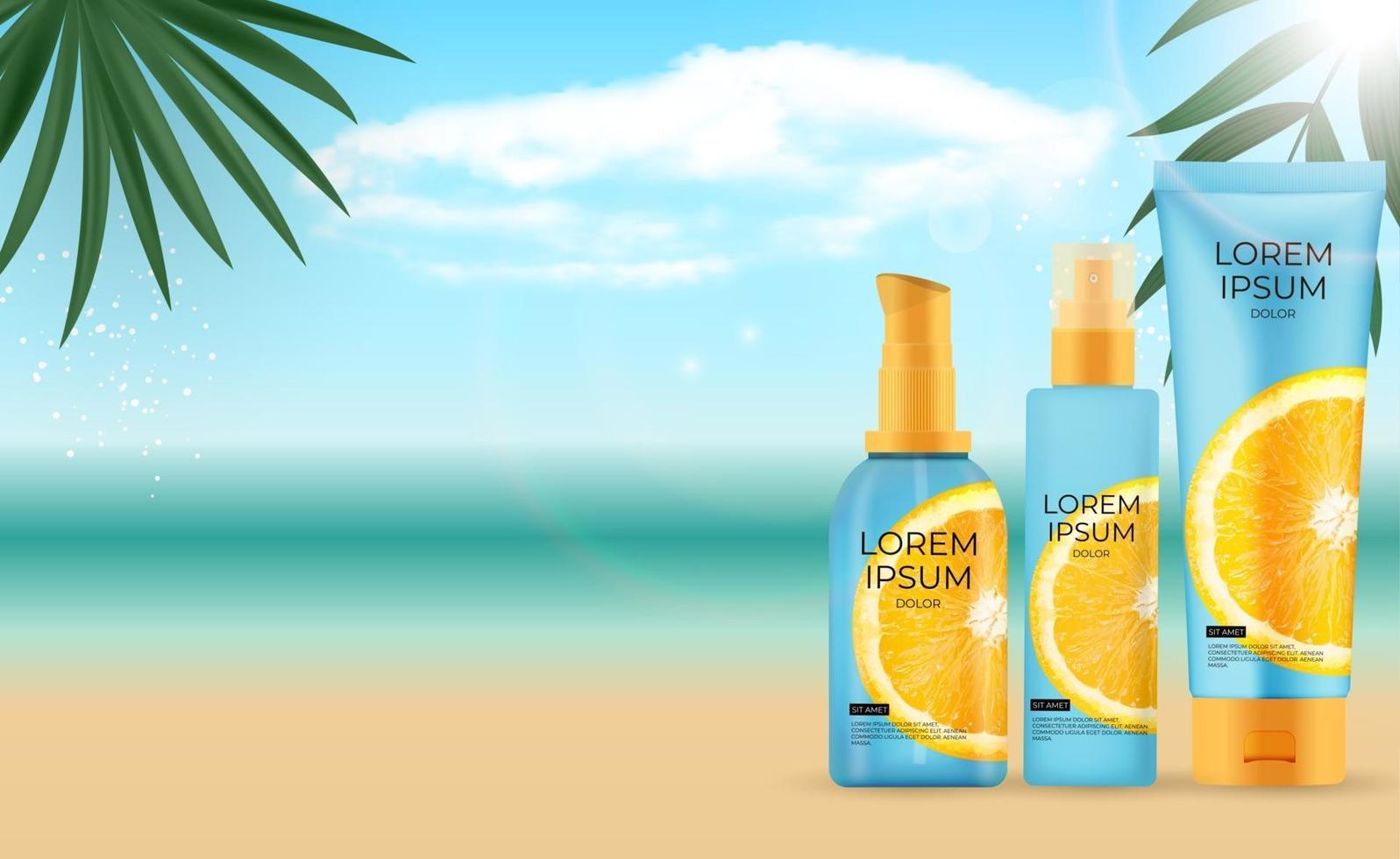 3D realistisk solskydd citrus grädde flaska bakgrund med palmblad, hav och apelsin. formgivningsmall för modekosmetikprodukt. vektor illustration