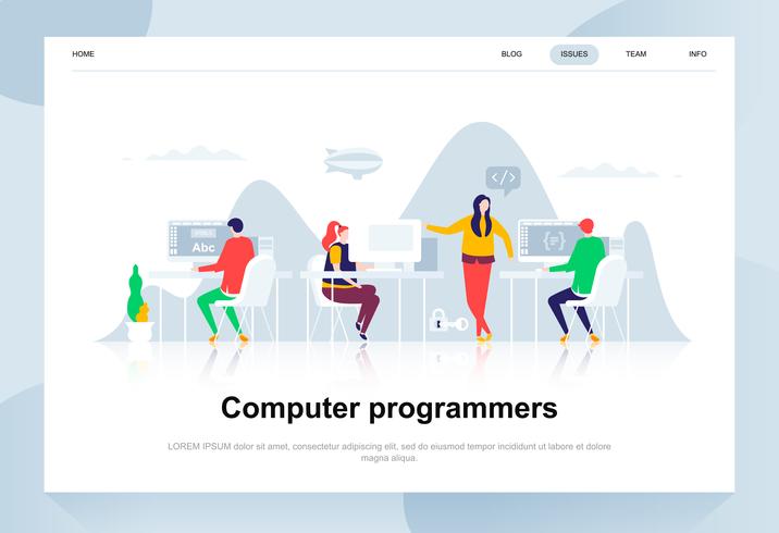 Modernes flaches Designkonzept der Computerprogrammierer. Softwareentwicklung und Personenkonzept. Zielseitenvorlage. Flache Begriffsvektorillustration für Webseite, Website und bewegliche Website. vektor