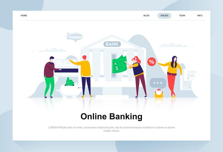 Online banking modernt plattdesign koncept. Elektronisk bank och människor koncept. Målsida mall. Konceptuell platt vektor illustration för webbsida, webbplats och mobil webbplats.
