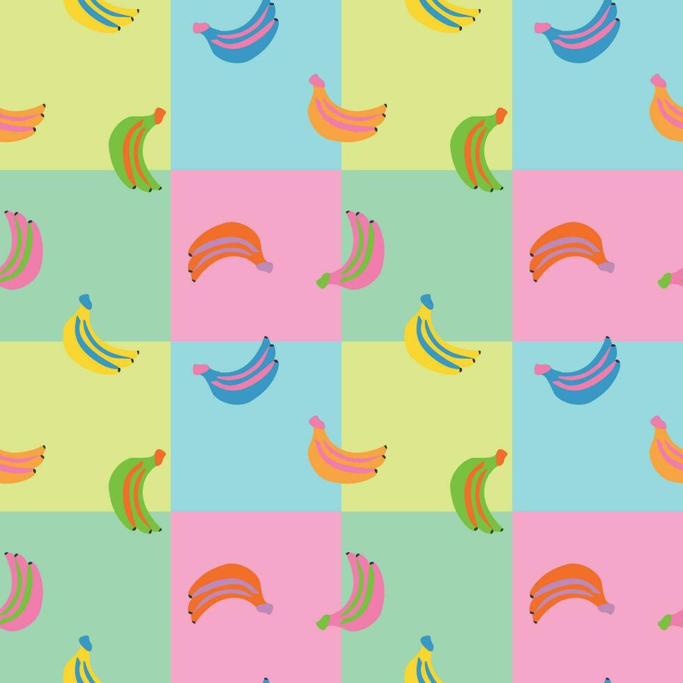 sömlös banan mönster. pop- konst stil frukt vektor illustration. ljus färger och kontrast bakgrund för tapet, omslag papper, baner, vykort design, paket, textil, utskrift, handla väska