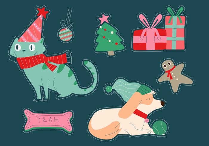 Katt och hund Jul vinter klistermärke Vektor illustration