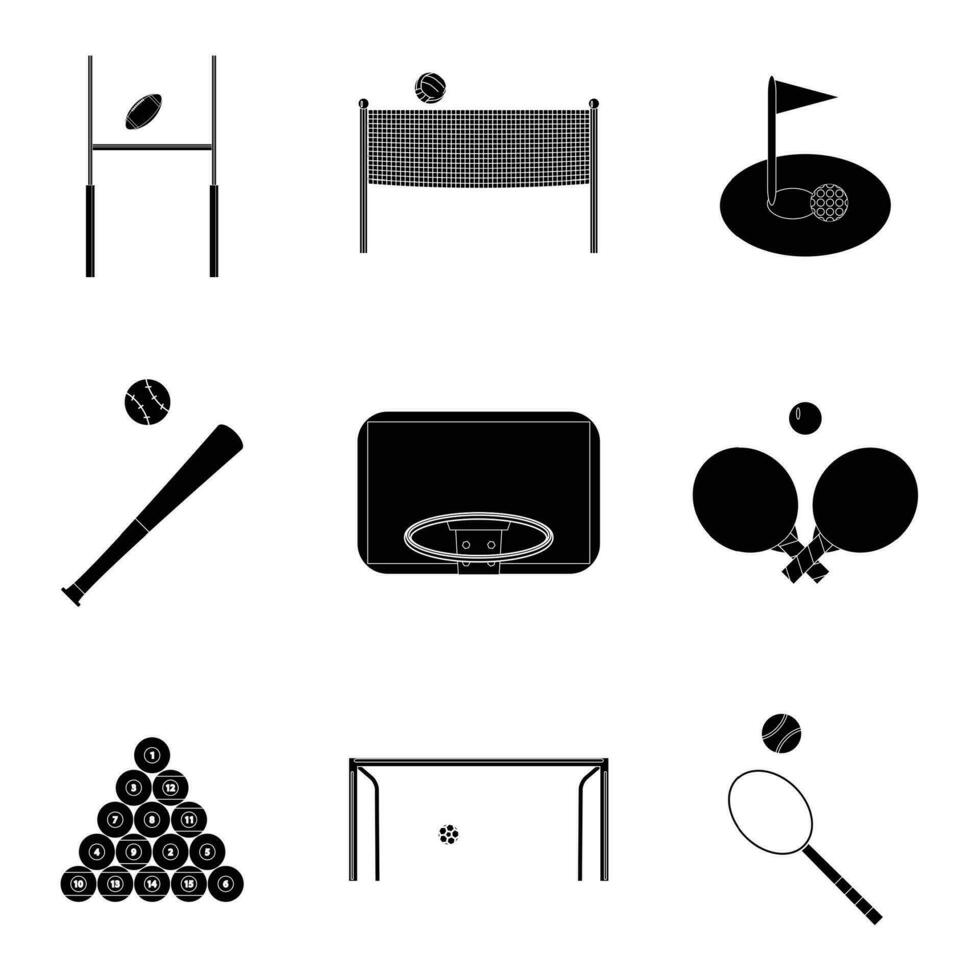 sport ikoner uppsättning svart silhuett. snooker och baseboll, tennis och biljard, vektor illustration