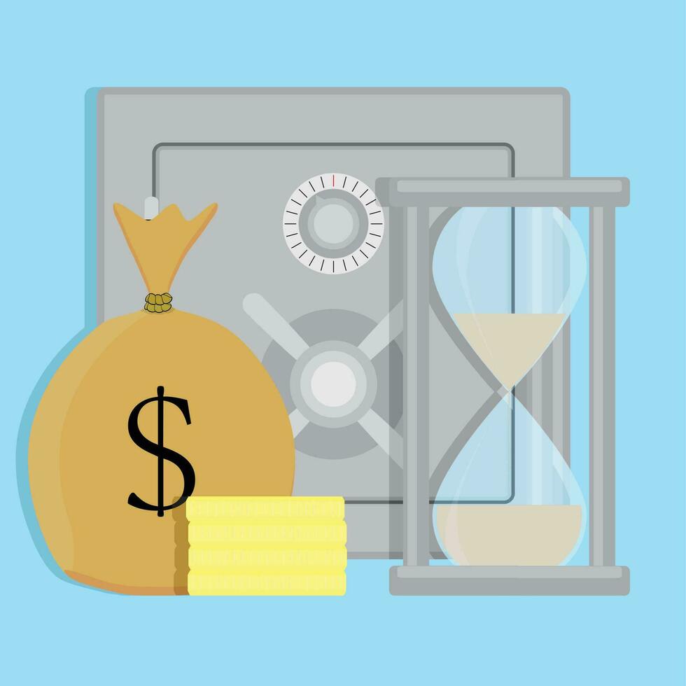förvaring pengar i säker. timglas och säck pengar illustration vektor