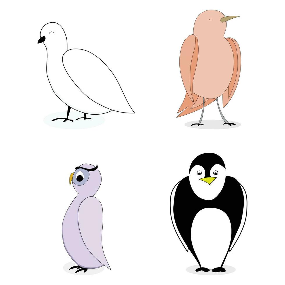 Karikatur einstellen Vogel Charakter. Eule und Pinguin, Nachtigall und Taube. Vektor Illustration