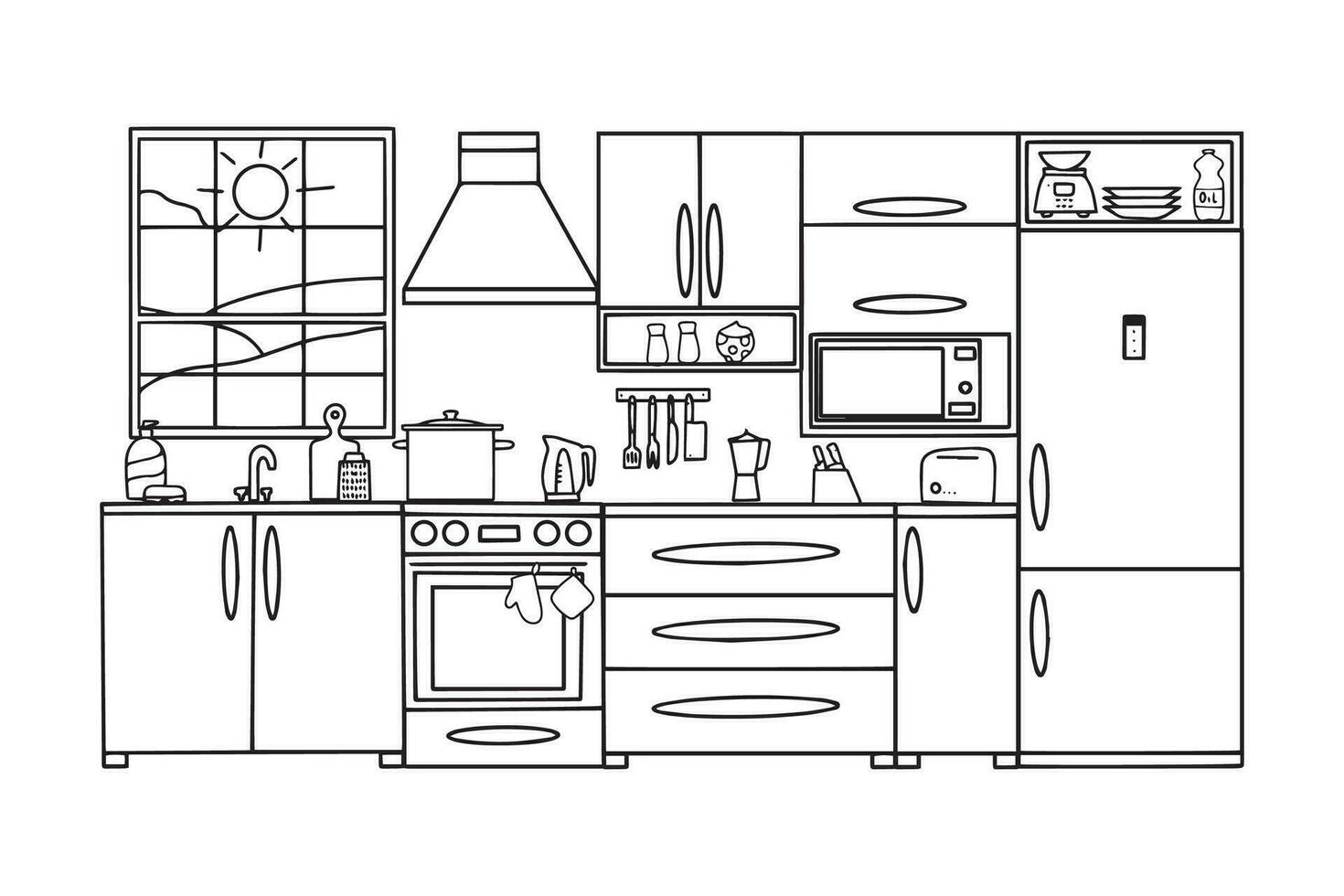 Küche mit Möbel. modern gemütlich Küche Innere. Vektor