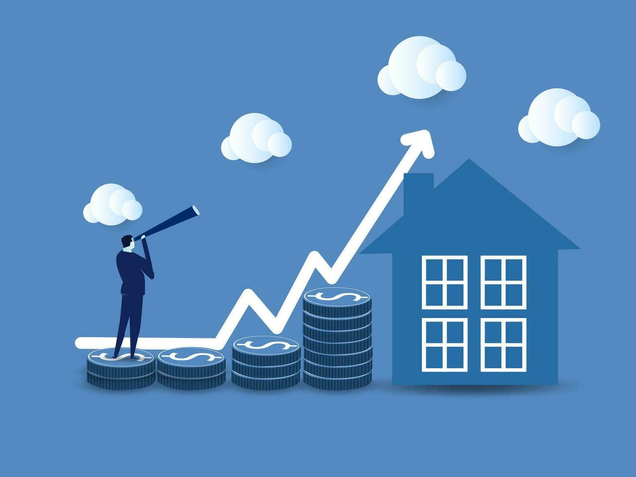 echt Nachlass Markt, Graph, oben Pfeil. Haus Modell- und ein Stapel von Münzen. das Konzept von Inflation, wirtschaftlich Wachstum, das Preis von Versicherung Dienstleistungen. Vektor Illustration.