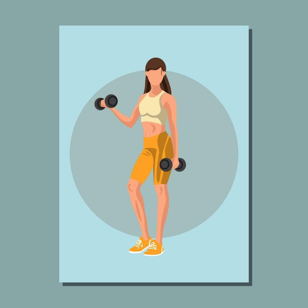 kondition affisch med en caucasian kvinna i sportkläder stående och håller på med en träna med hantlar på blå bakgrund. vektor illustration