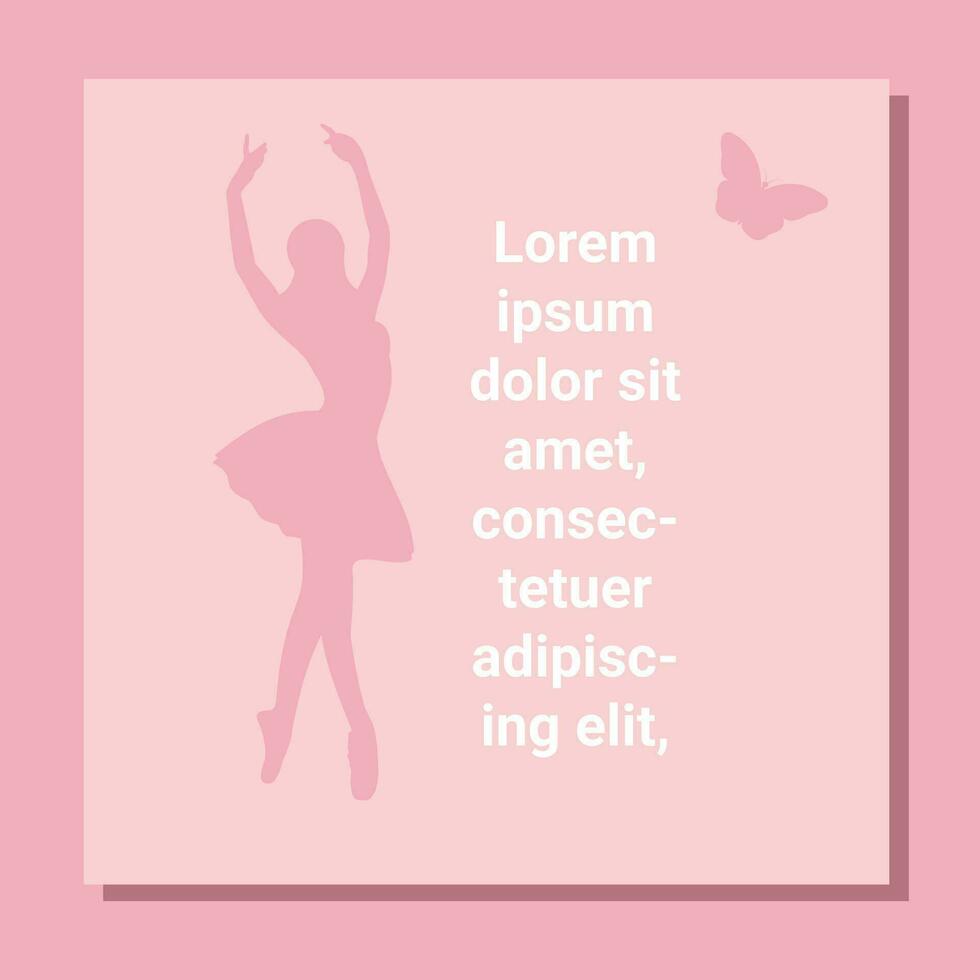 Theater Fahrkarte Design. Ballett Flyer Vorlage. Ballerina Silhouette im das Tutu und pointe Schuh mit Schmetterling. Rosa Karte Design mit Kopieren Raum Text. Vektor Illustration